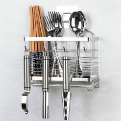 Ống Đựng Đũa Inox 304 Dán Tường Kèm Khay Hứng Nước Nhà Bếp